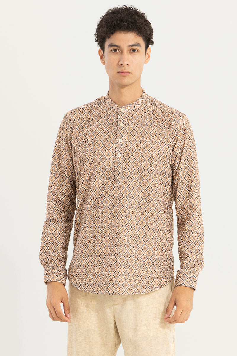 Motif Print Beige Embroidery Kurta