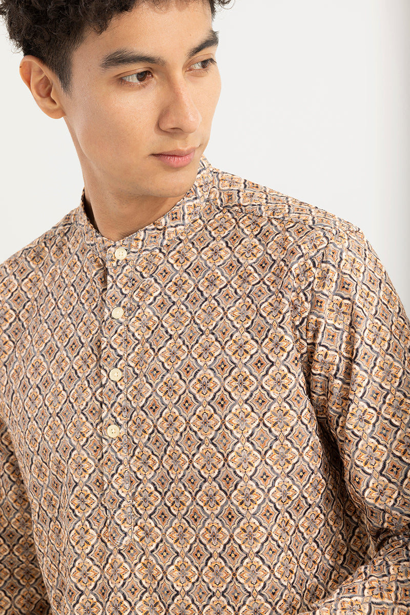 Motif Print Beige Embroidery Kurta