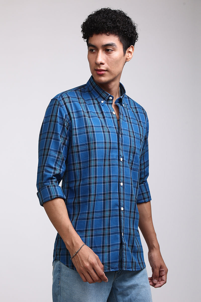 Buy Men's Basic Checks Cobalt Blue Shirt Online | SNITCH