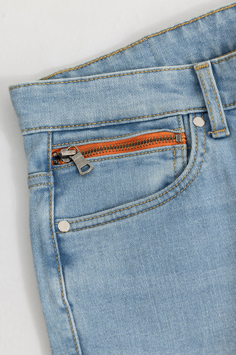 Zipper Pocket Whiskered Blue Skinny Jeans