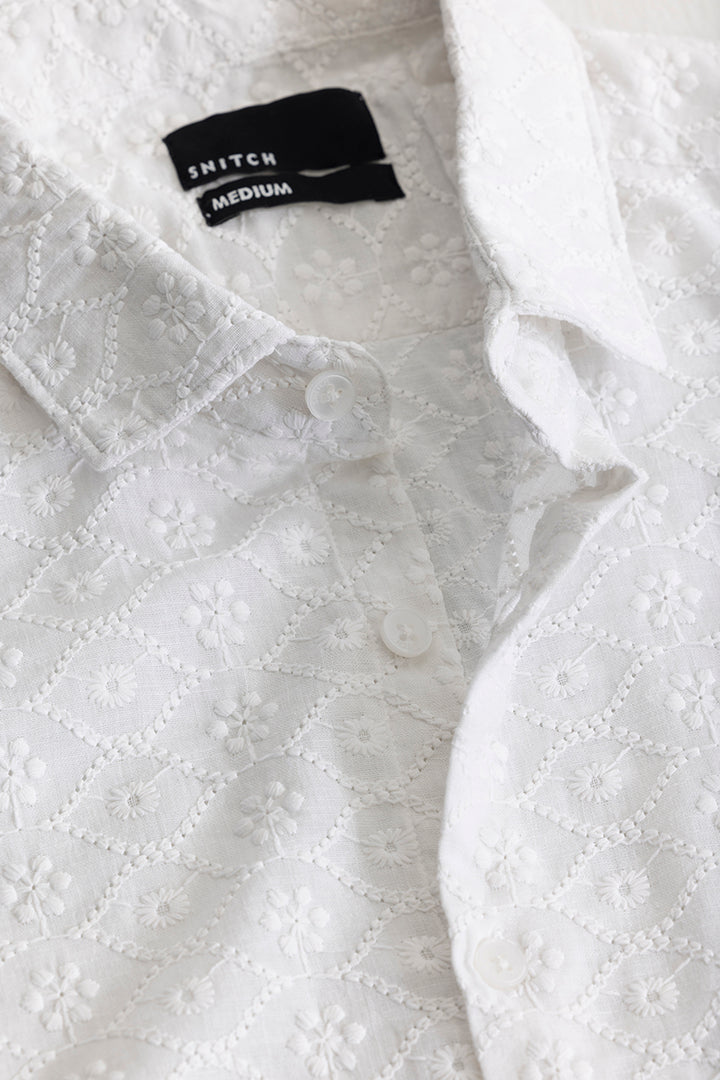 Waving Flower White Embroidery Shirt