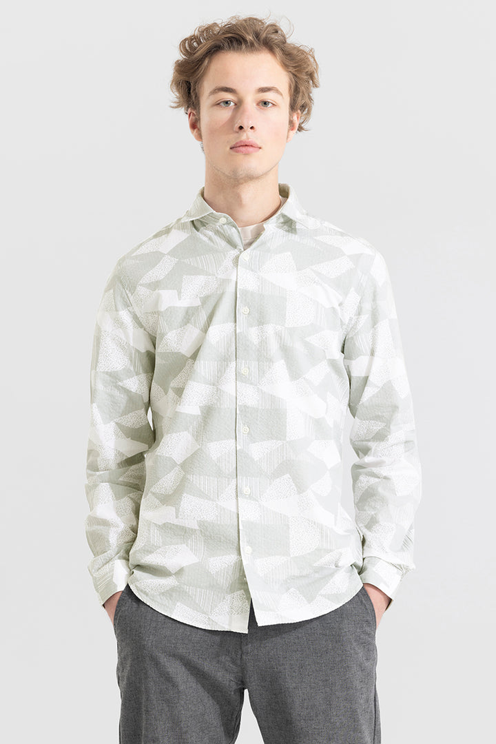 Abstract Patch Green Seersucker Shirt