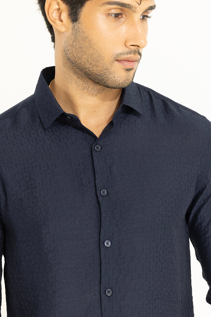 Honey Comb Self Design Navy Shirt