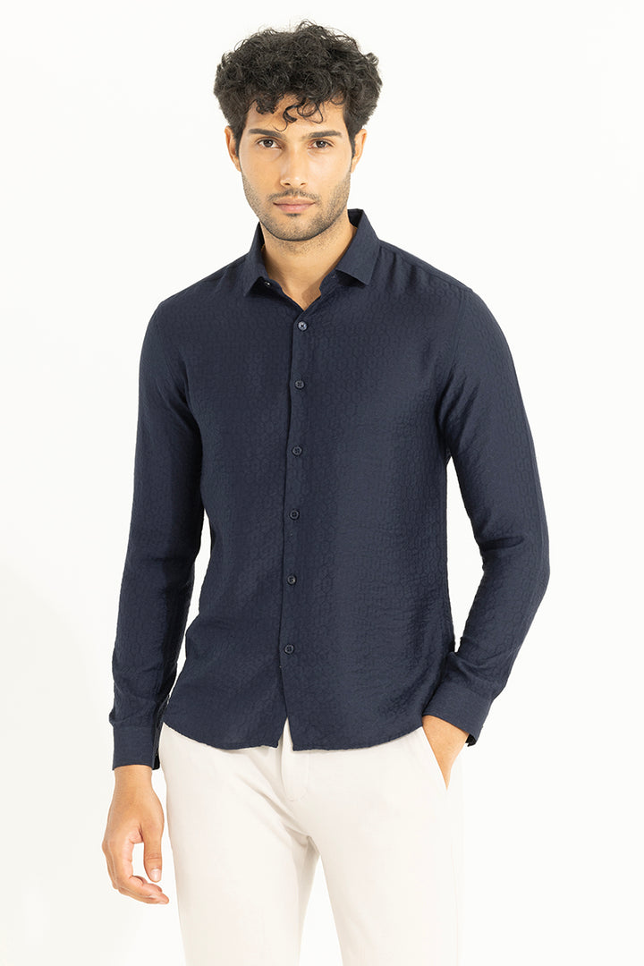 Honey Comb Self Design Navy Shirt