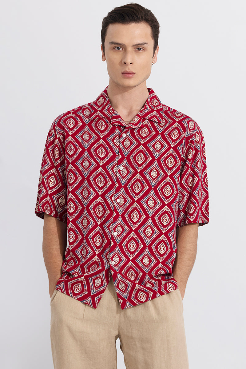 Diamond Motif Red Oversized Shirt