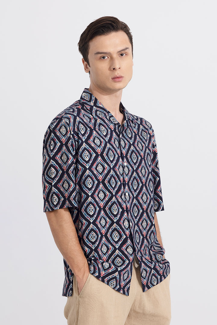 Diamond Motif Navy Oversized Shirt