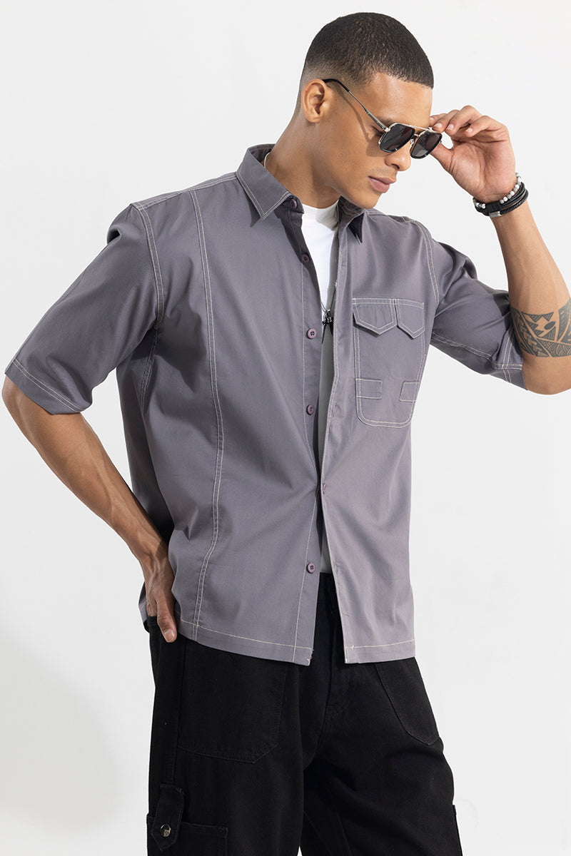 Double V Flap Grey Oversized Shirt