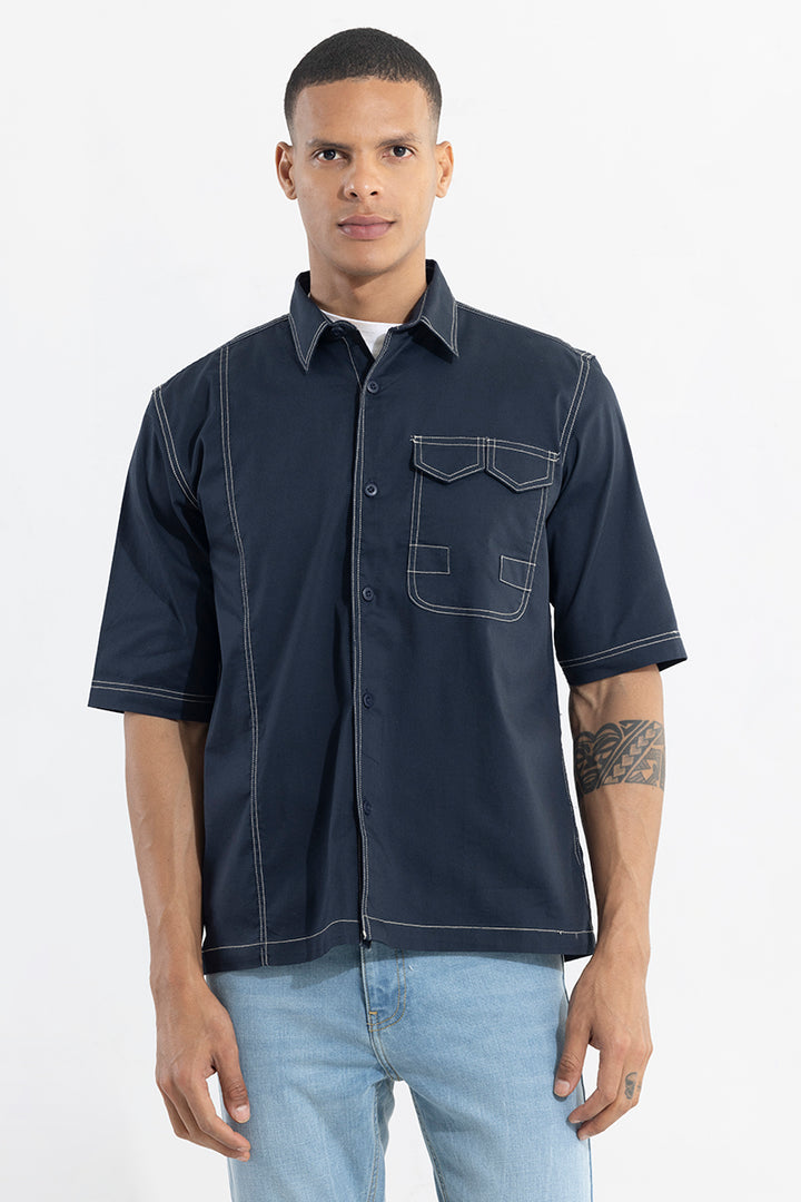 Double V Flap Navy Oversized Shirt