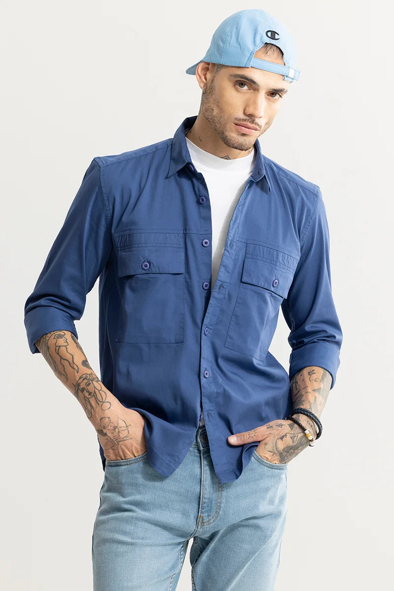 Basic Double Pocket Blue Shirt