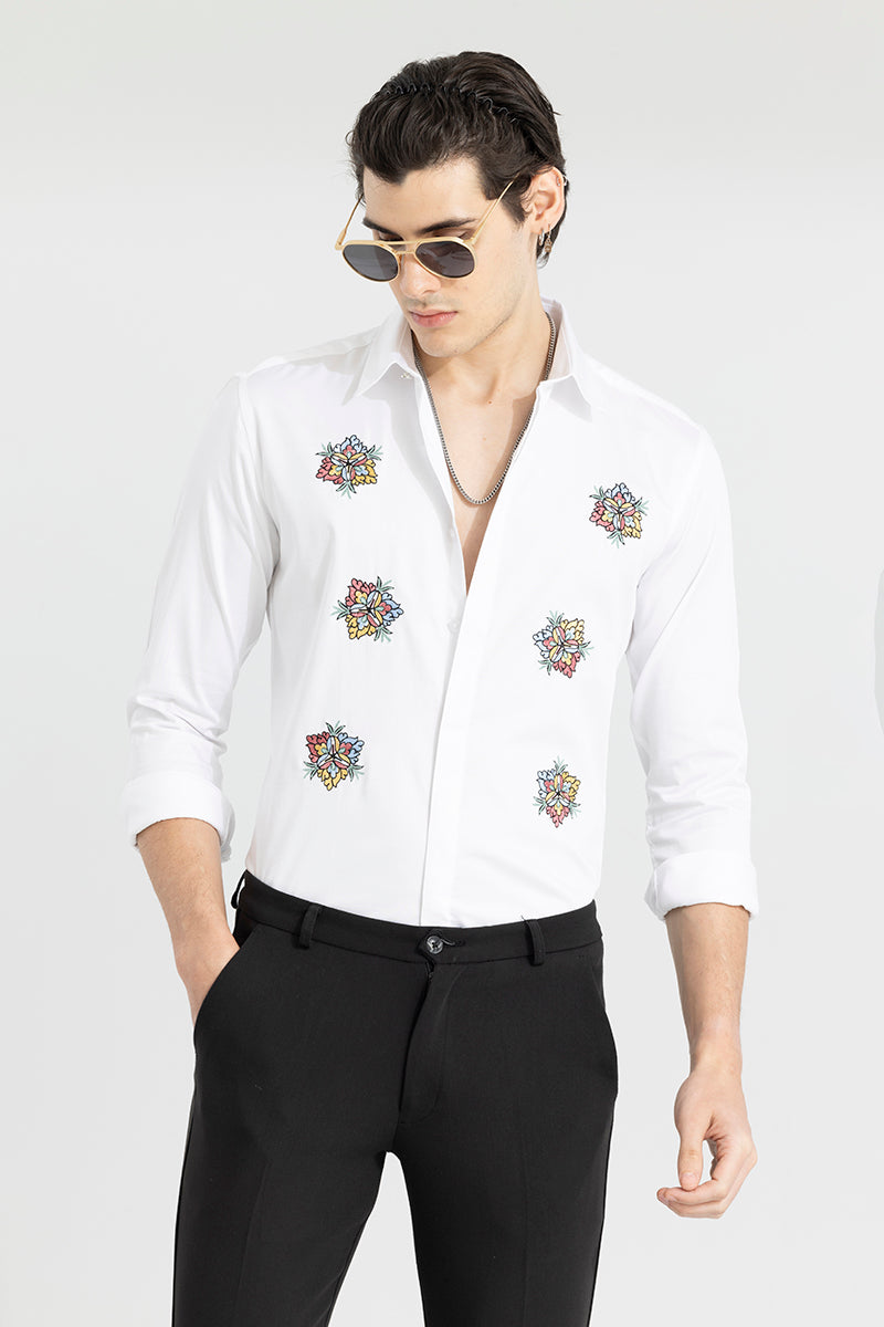 Japanese Floral Embroidery White Shirt