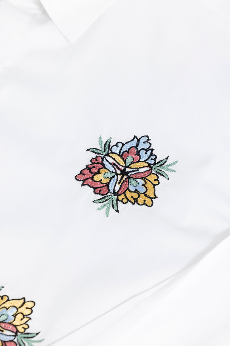 Japanese Floral Embroidery White Shirt