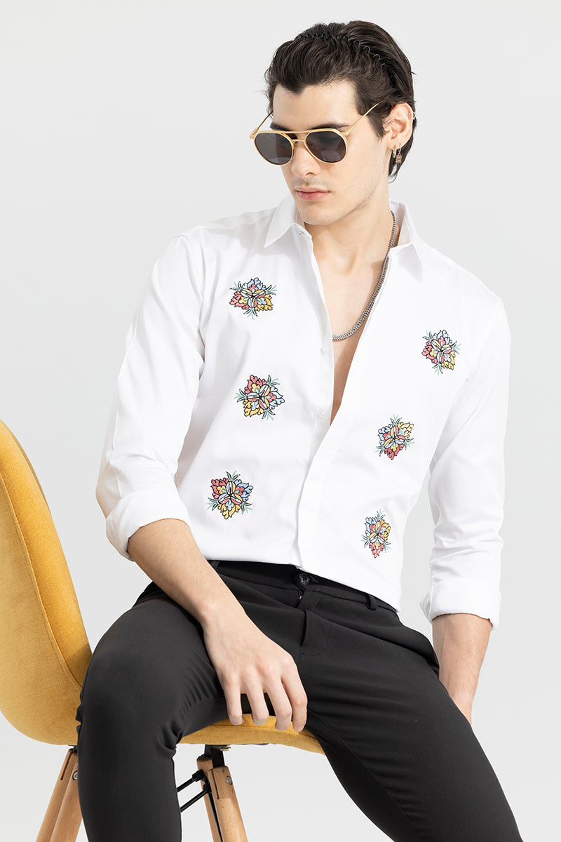 Japanese Floral Embroidery White Shirt