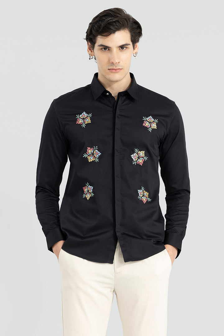 Japanese Floral  Embroidery Black Shirt