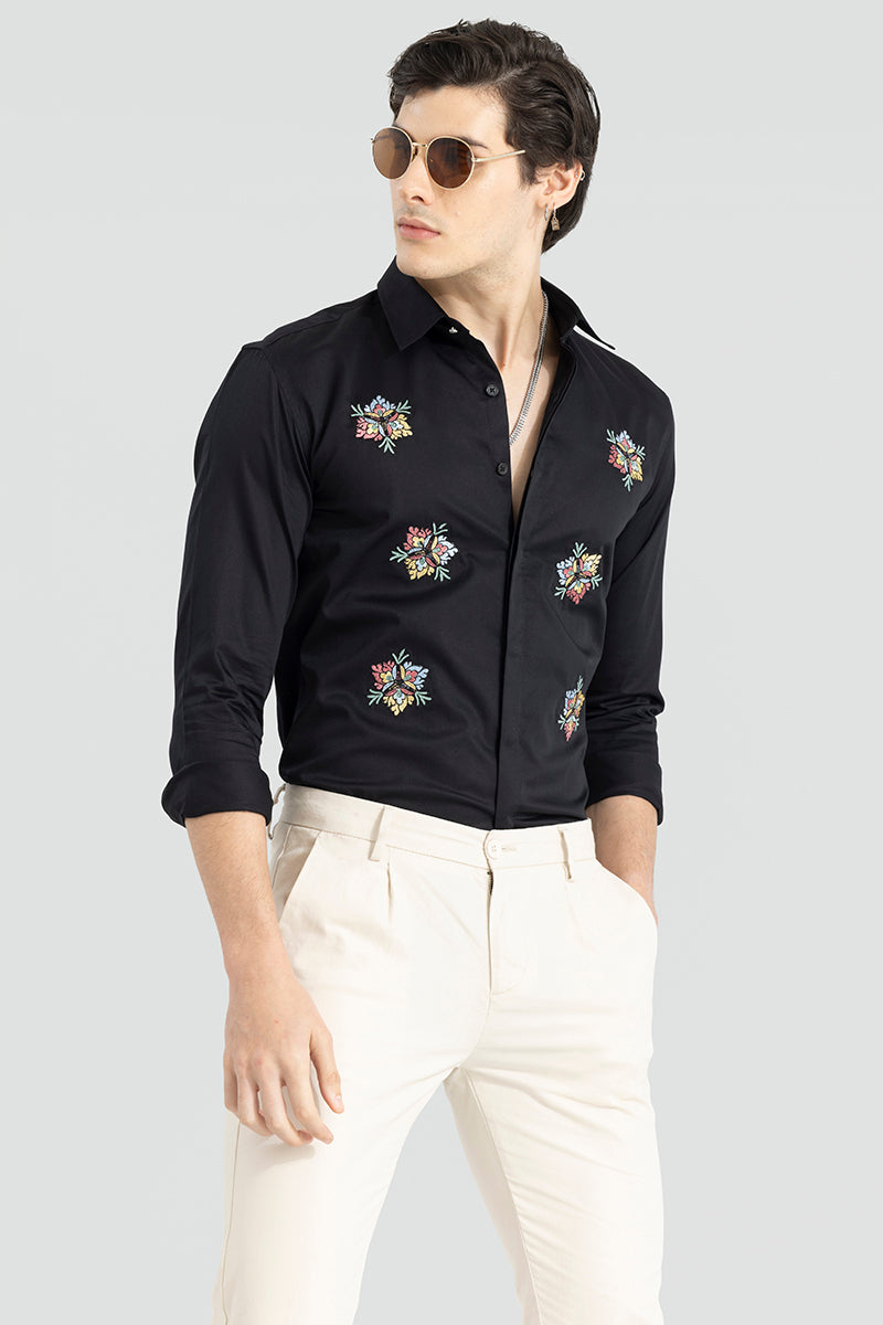 Japanese Floral  Embroidery Black Shirt