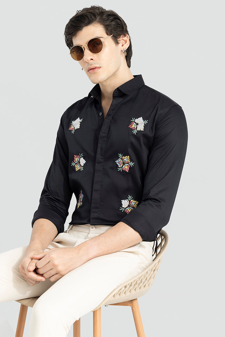 Japanese Floral  Embroidery Black Shirt