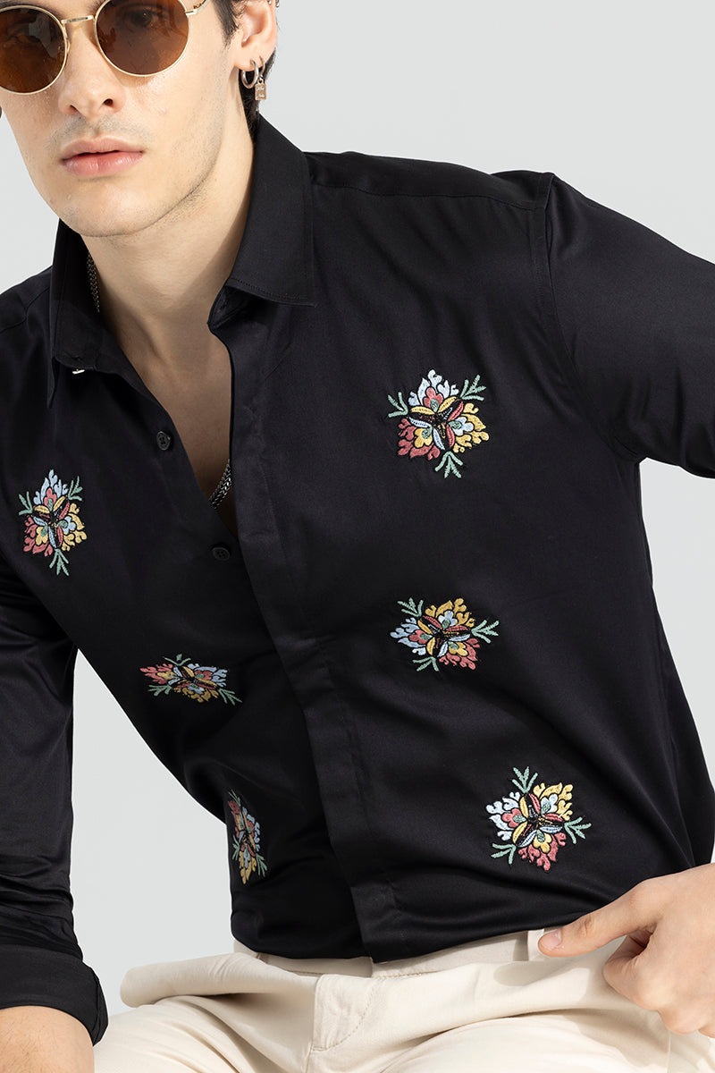 Japanese Floral  Embroidery Black Shirt