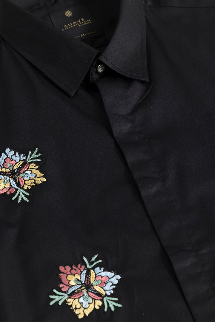 Japanese Floral  Embroidery Black Shirt