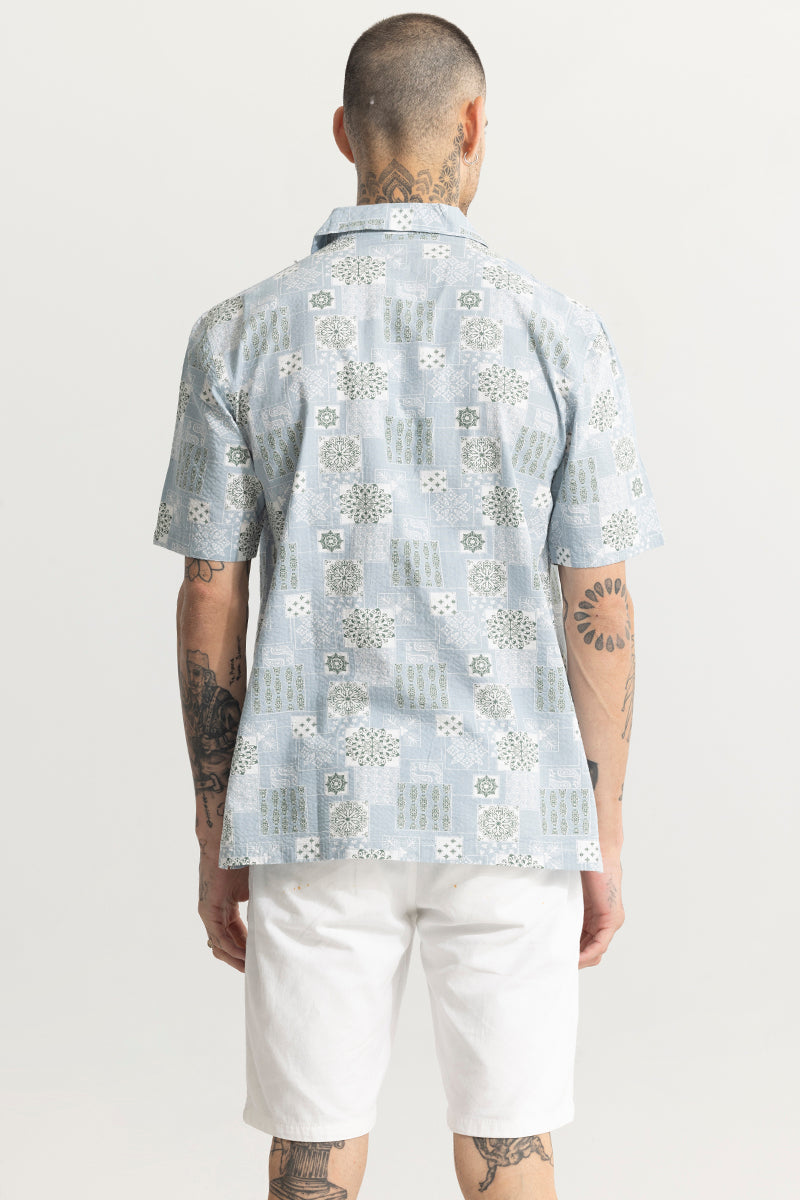 Shingle Motif Blue Seersucker Shirt