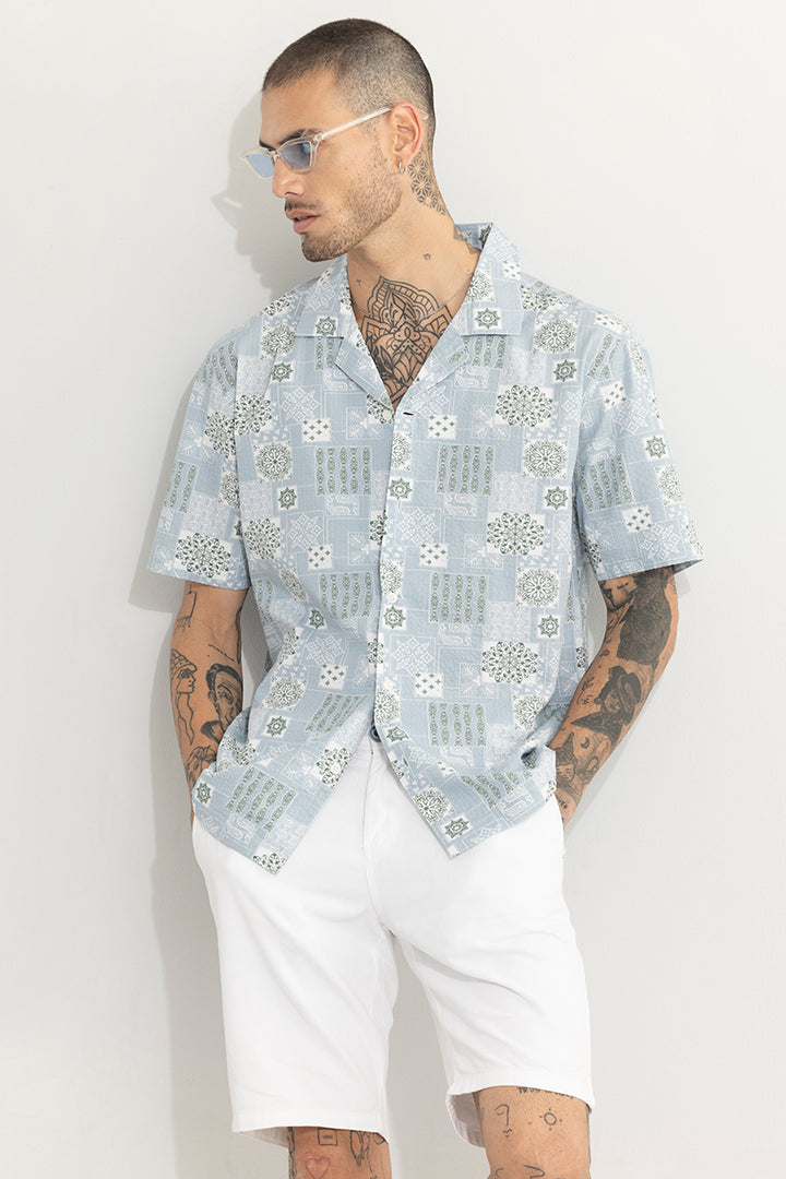 Shingle Motif Blue Seersucker Shirt