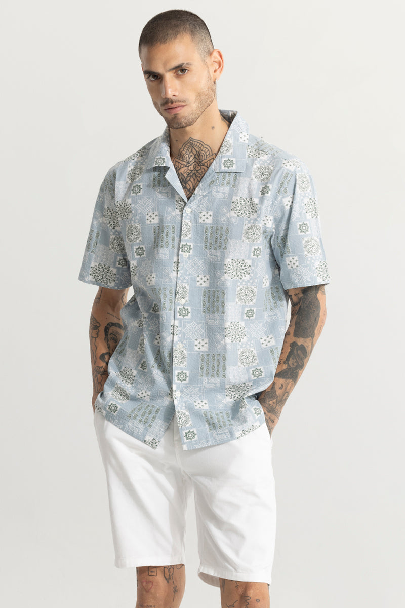 Shingle Motif Blue Seersucker Shirt