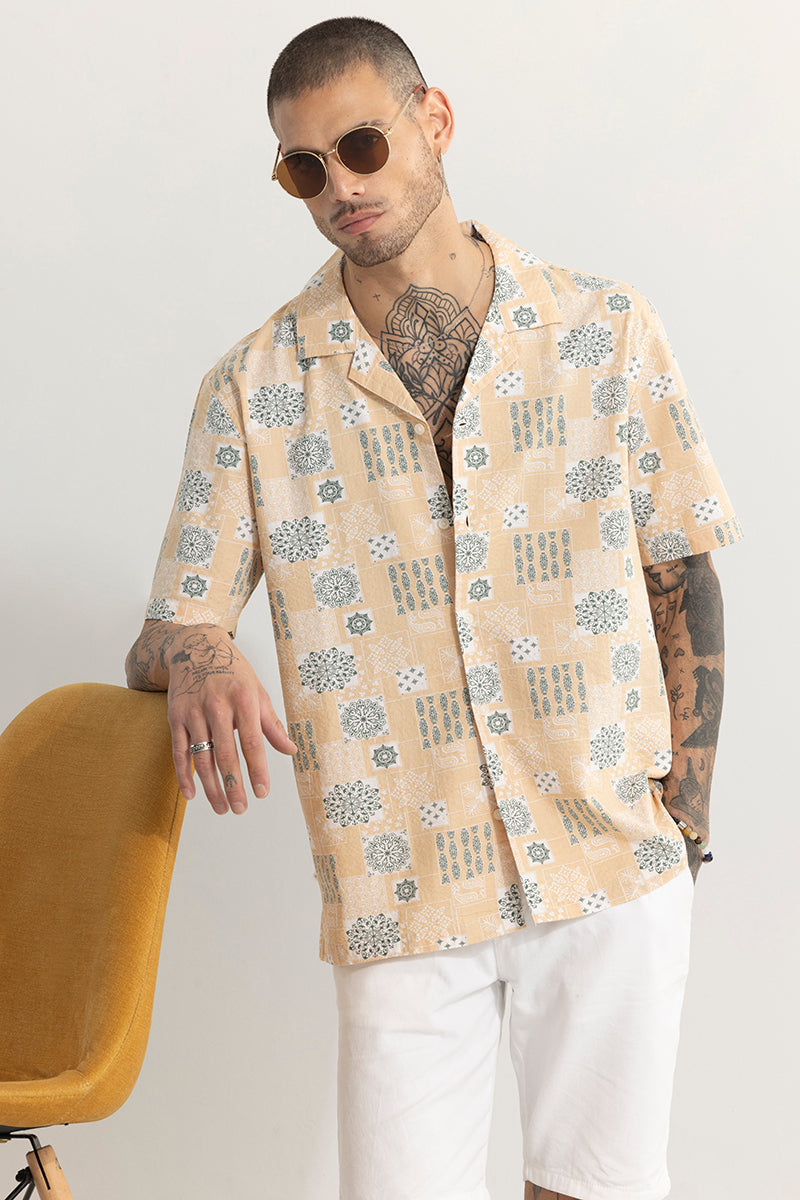 Shingle Motif Peach Seersucker Shirt