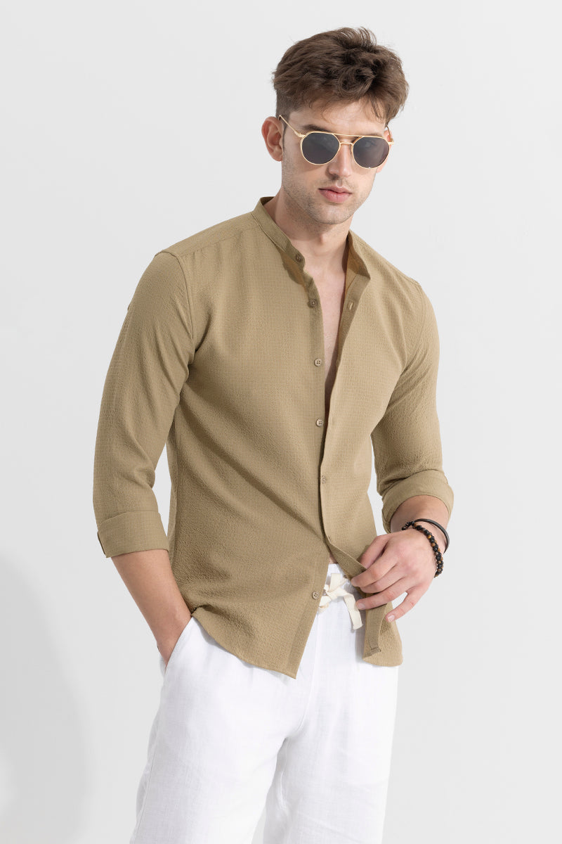 Buy Men's Mandarin Neckline Beige Shirt Online | SNITCH