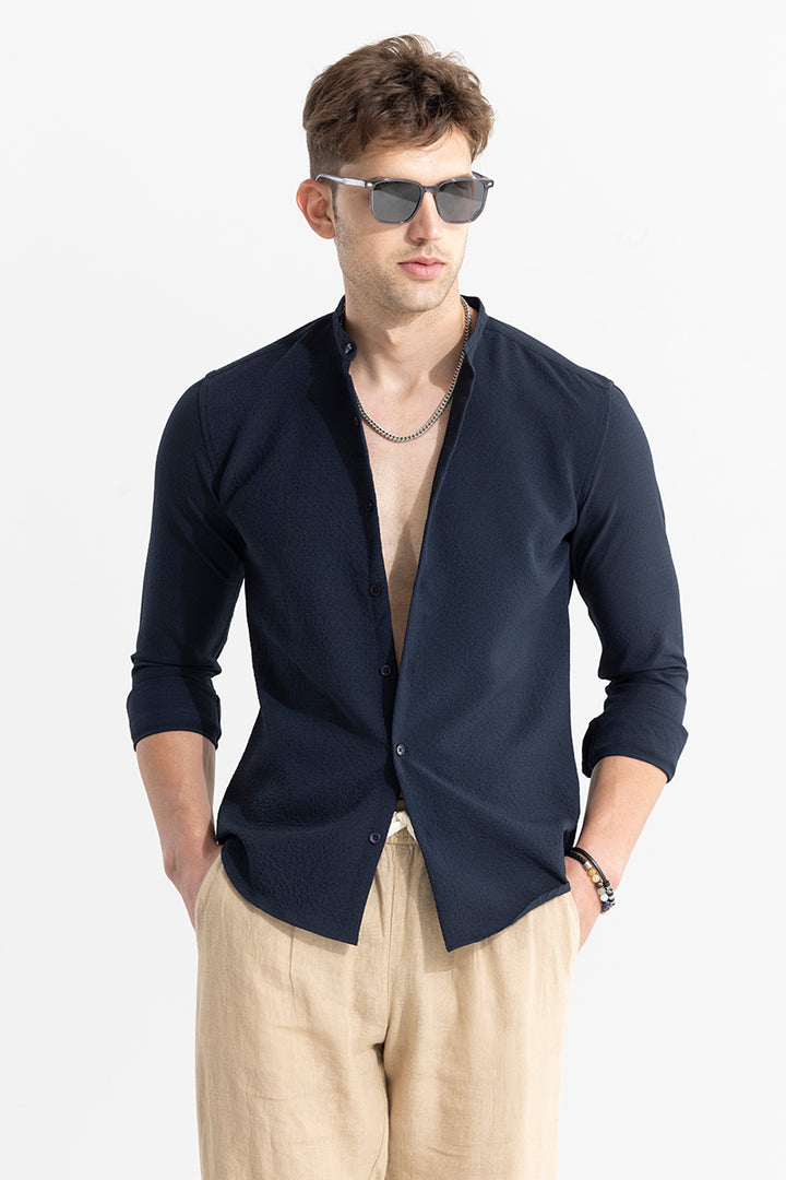 Mandarin Neckline Navy Shirt