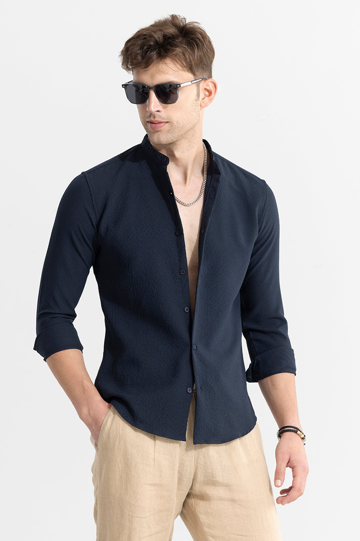 Mandarin Neckline Navy Shirt