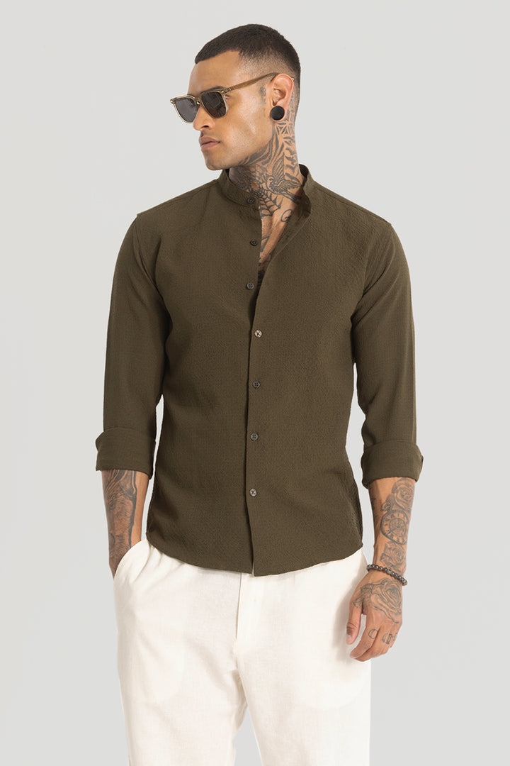 Mandarin Stretchable Olive Shirt