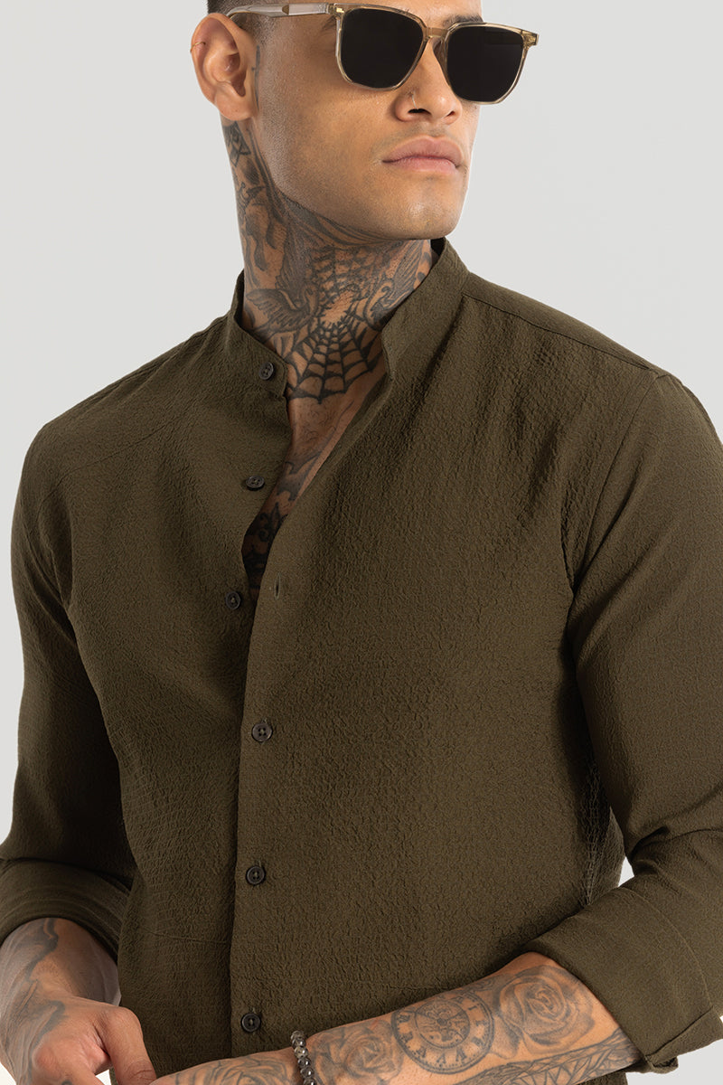 Mandarin Stretchable Olive Shirt