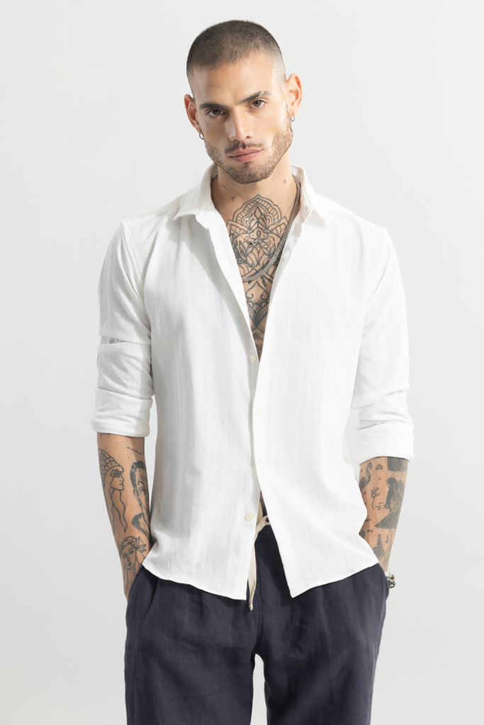 Buy Men's Crushed Self Stripe White Shirt Online | SNITCH