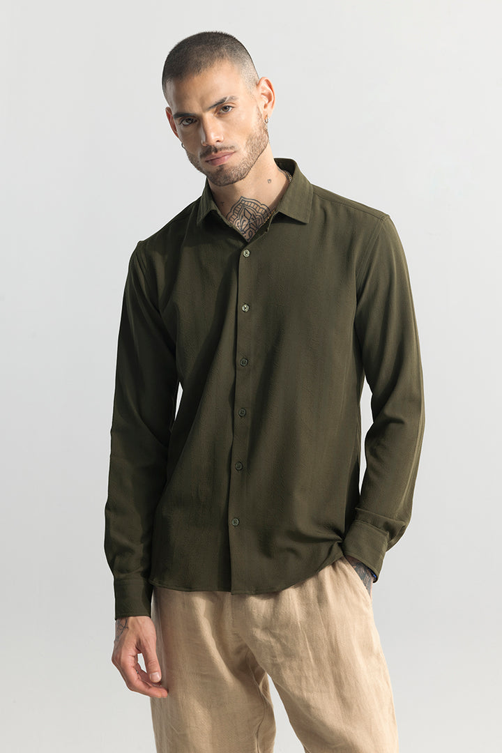 Crushed Self Stripe Olive Shirt