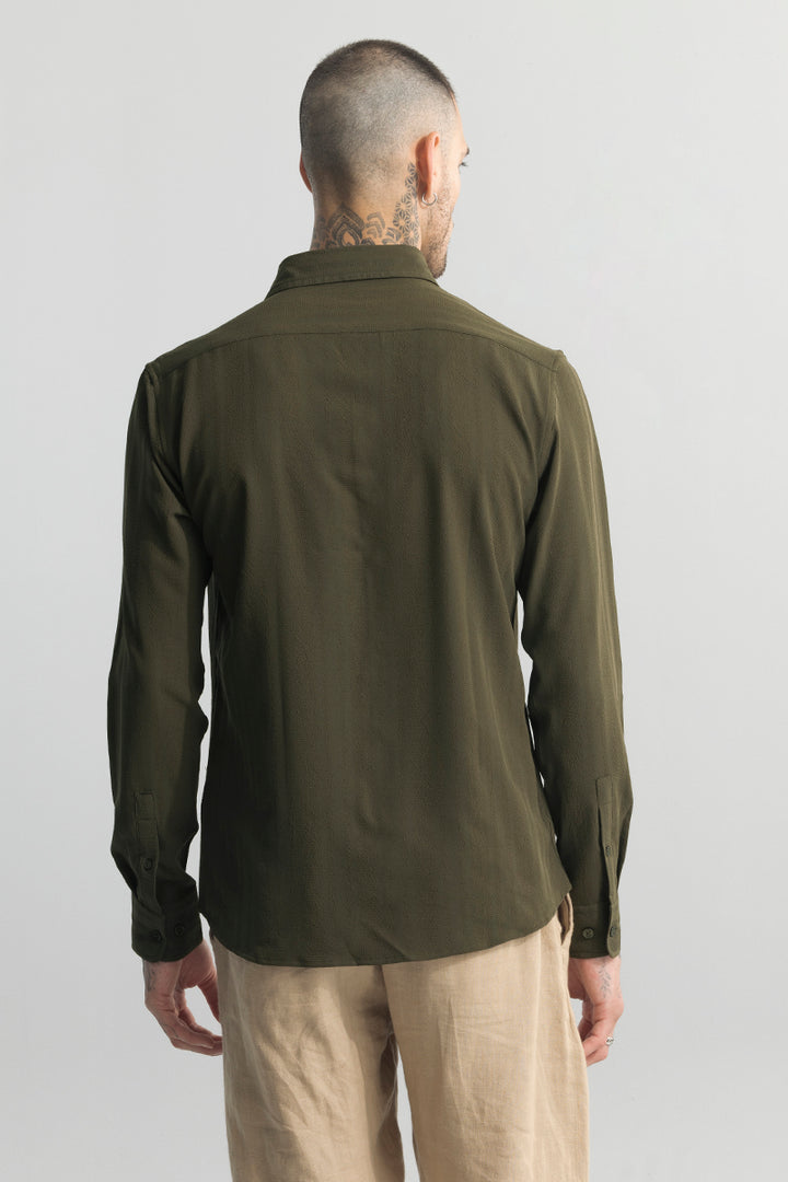 Crushed Self Stripe Olive Shirt