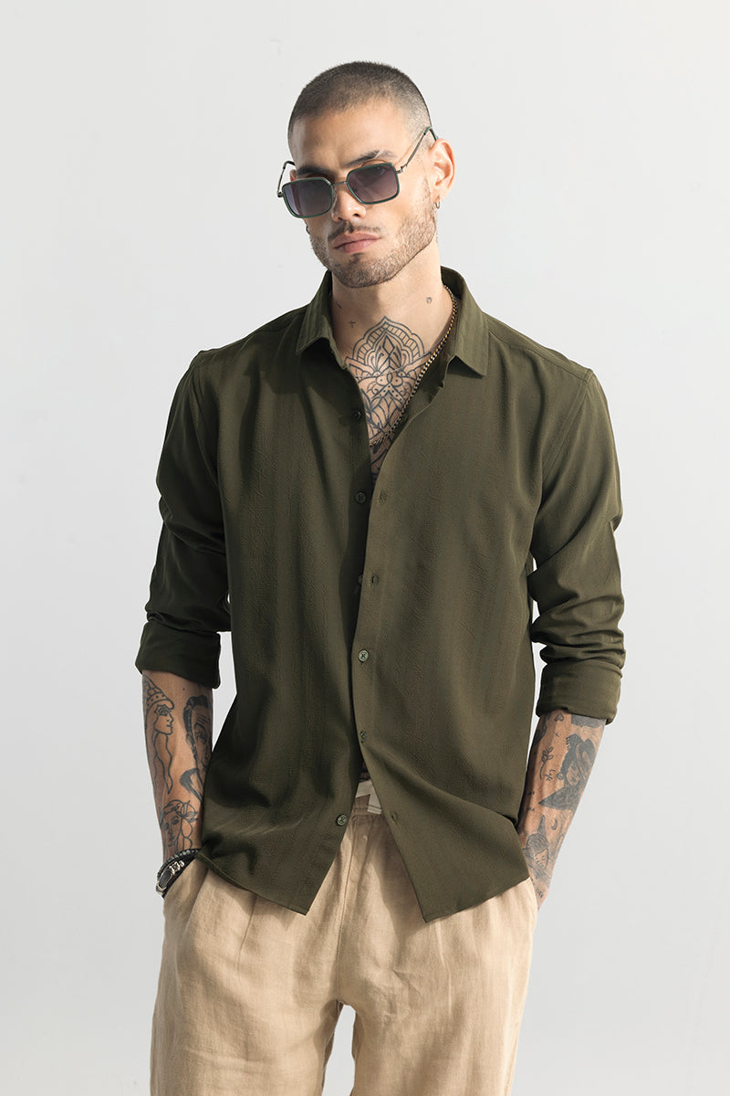 Crushed Self Stripe Olive Shirt