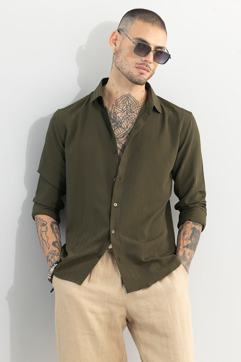 Crushed Self Stripe Olive Shirt