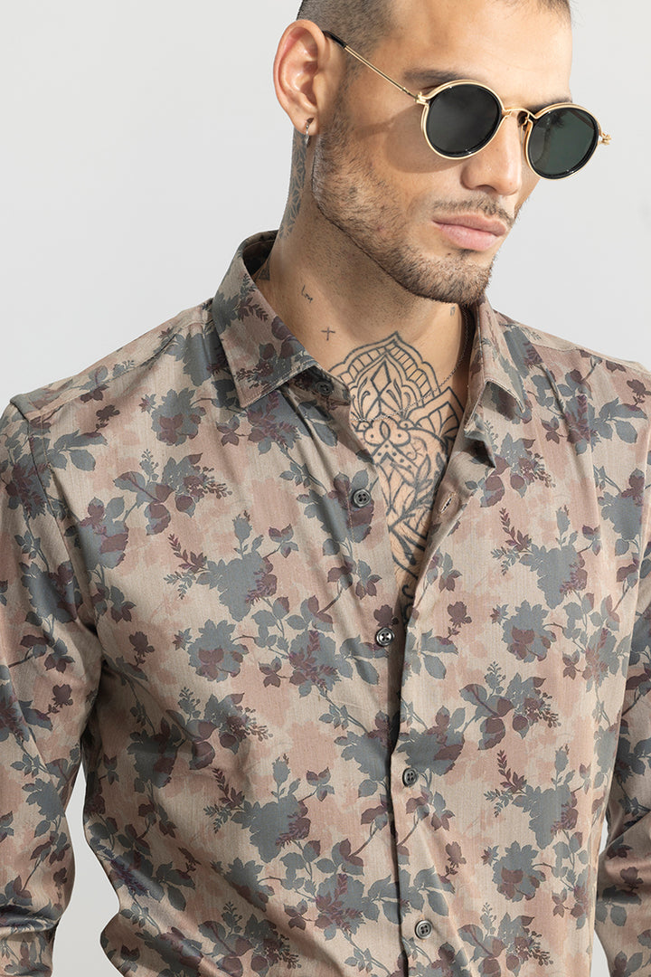 Japanese Floral Print Brown Shirt