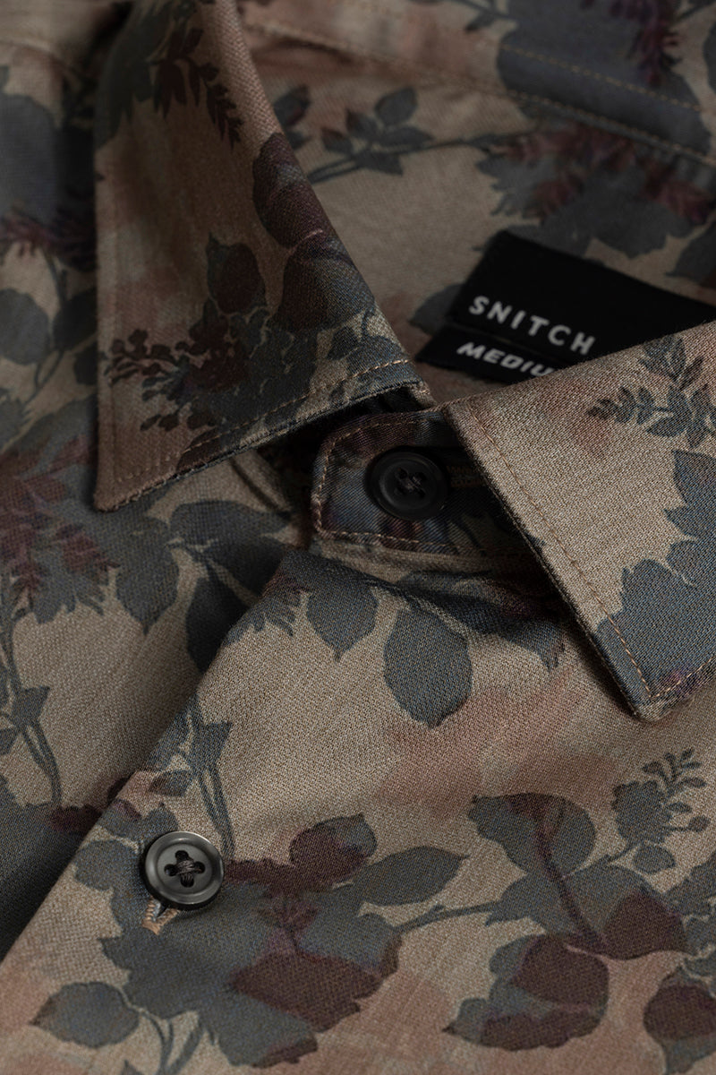 Japanese Floral Print Brown Shirt