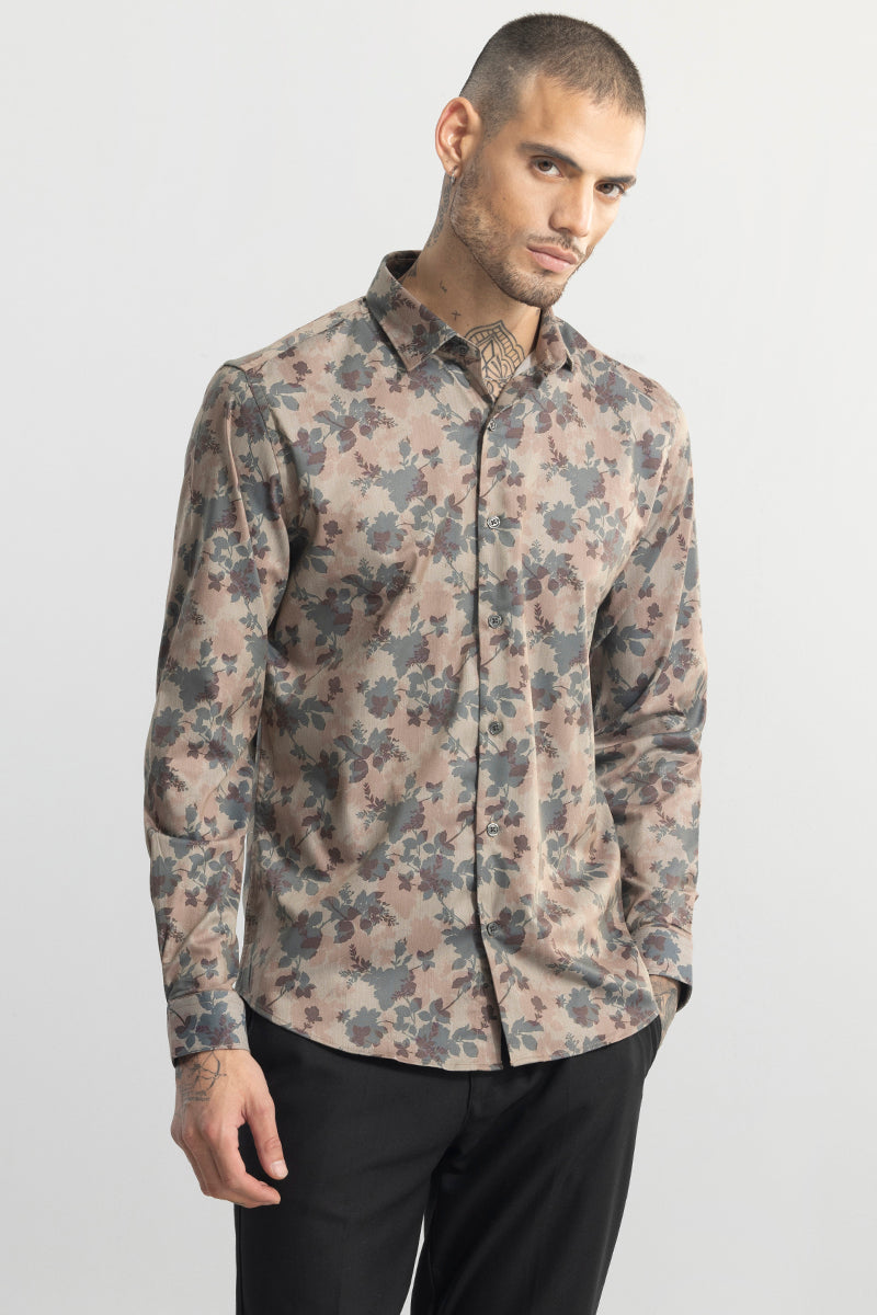 Japanese Floral Print Brown Shirt