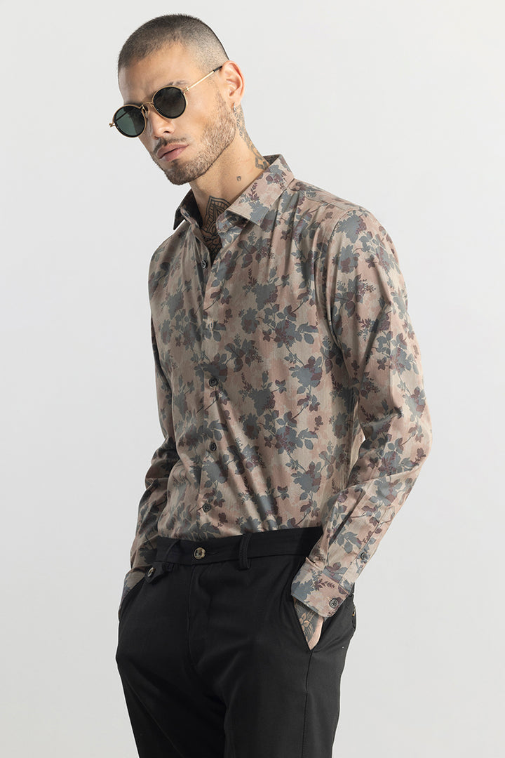 Japanese Floral Print Brown Shirt