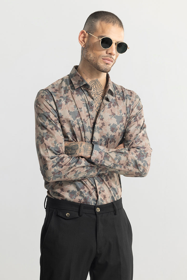 Japanese Floral Print Brown Shirt