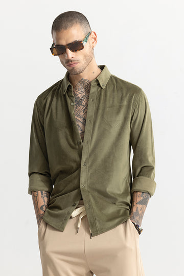 Buy Men's Suede Velvet Green Shirt Online | SNITCH