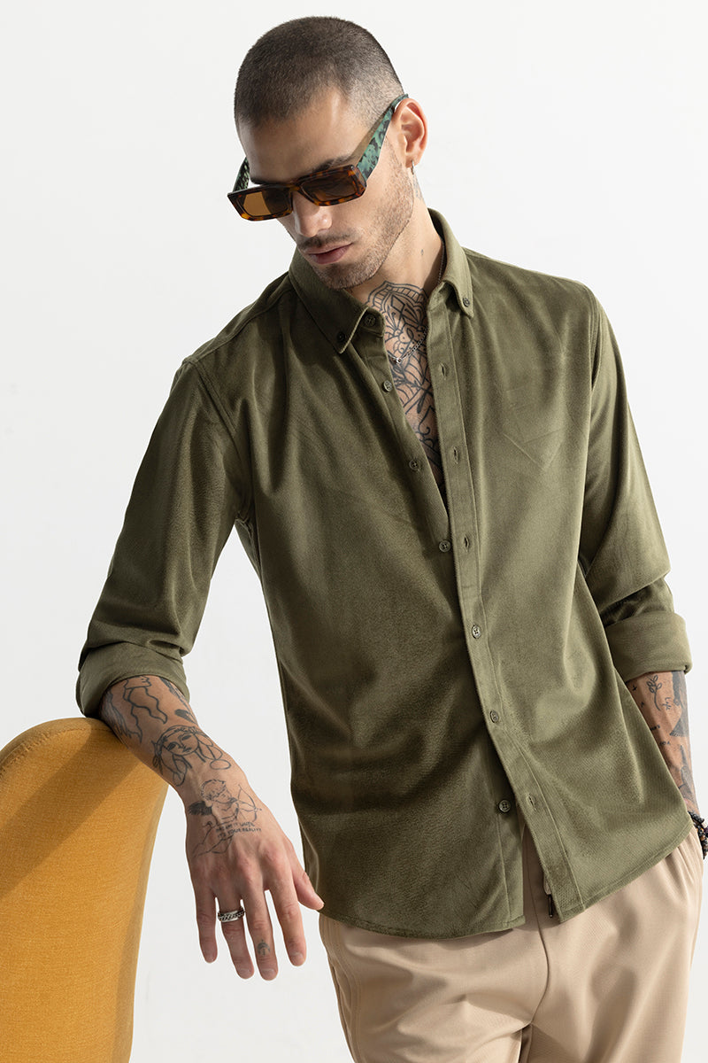 Buy Men's Suede Velvet Green Shirt Online | SNITCH