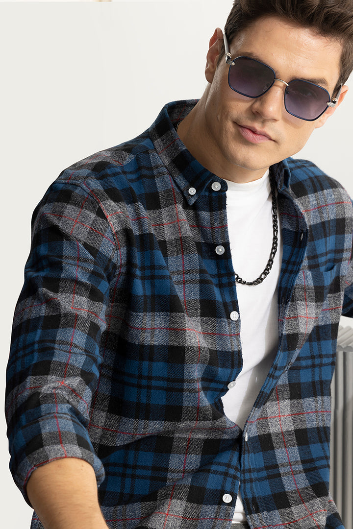 Quadric Charcoal Blue Flannel Check Shirt