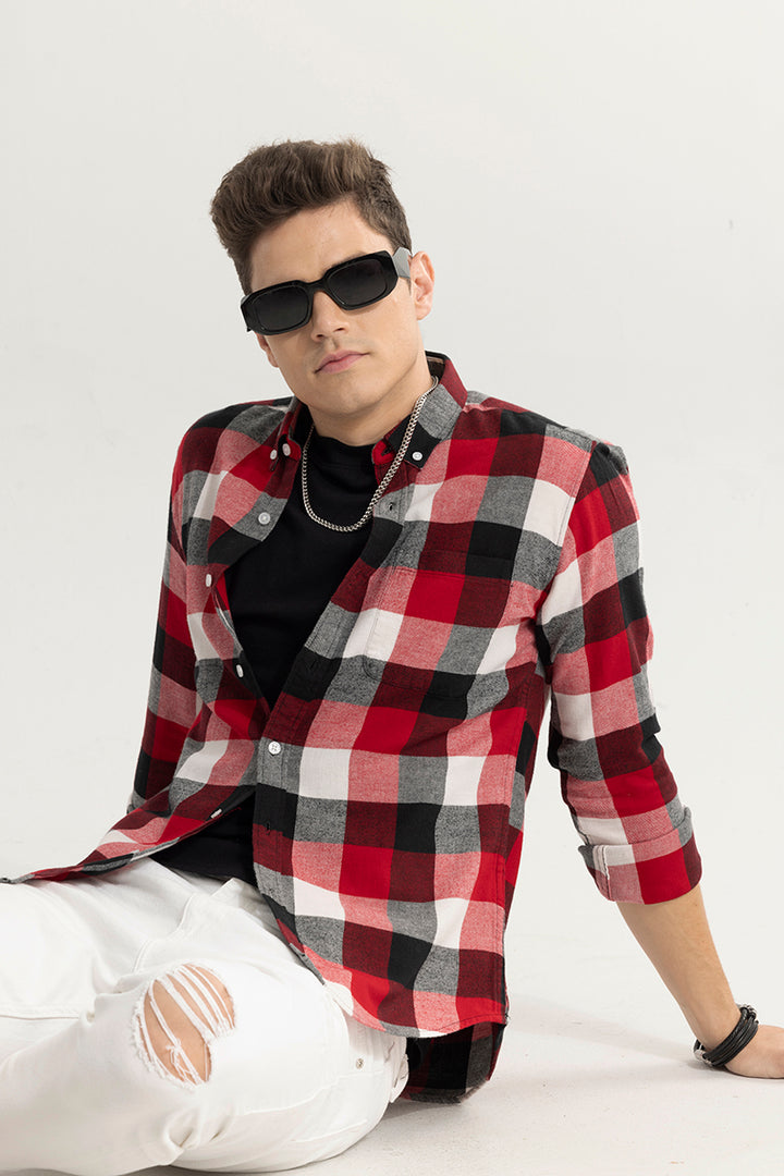 Quadric Charcoal Light Red Flannel Check Shirt