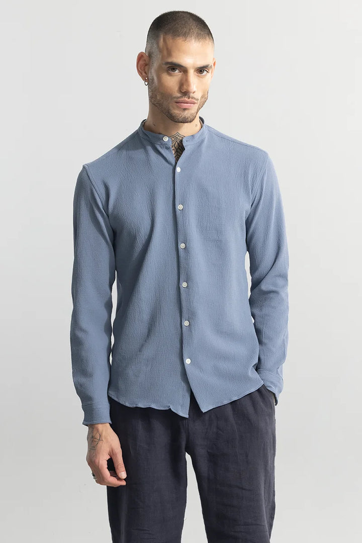 Buy Men's Mandarin Neckline Blue Shirt Online | SNITCH