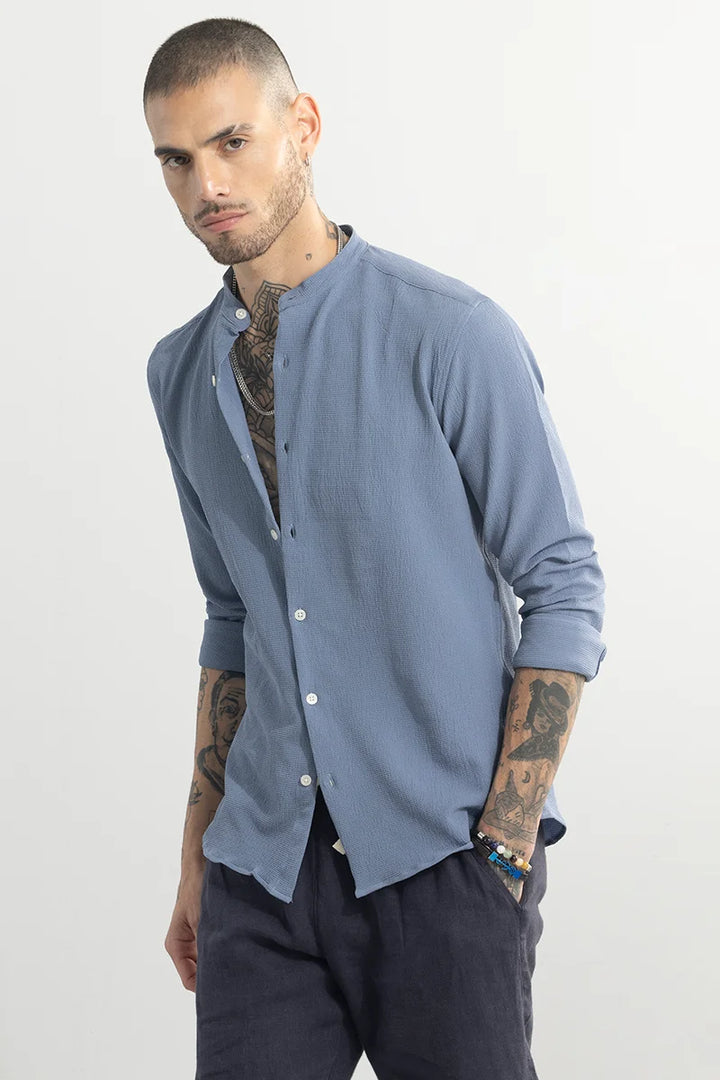 Buy Men's Mandarin Neckline Blue Shirt Online | SNITCH