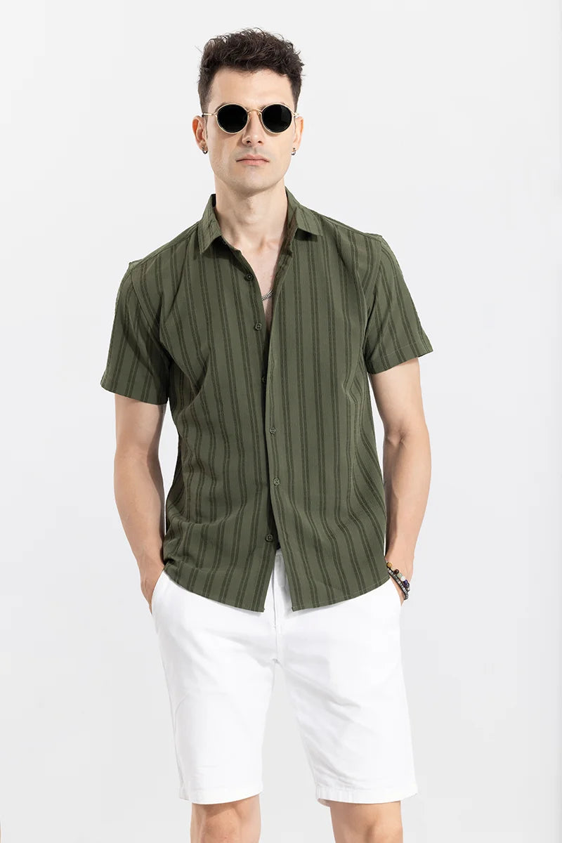 Wrinkled Stripe Olive Shirt