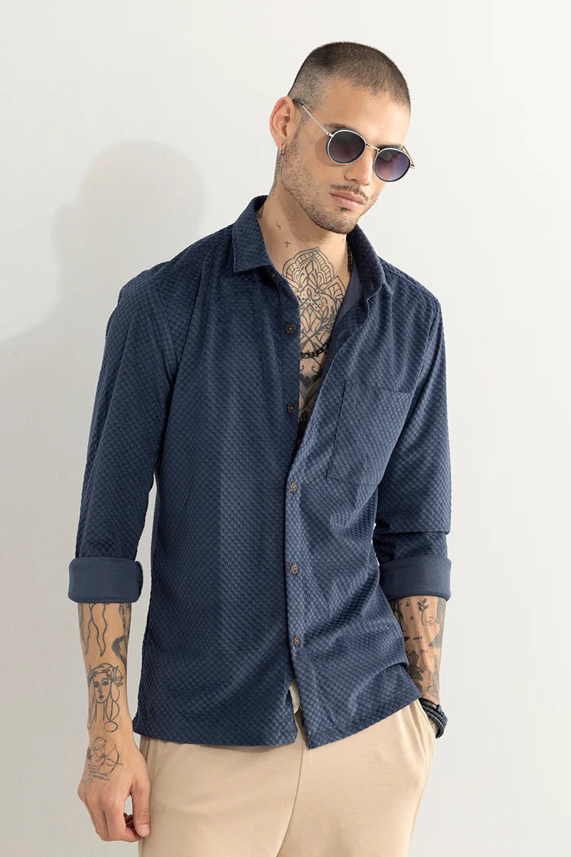 Buy Men's Self Flock Blue Textured Shirt Online | SNITCH