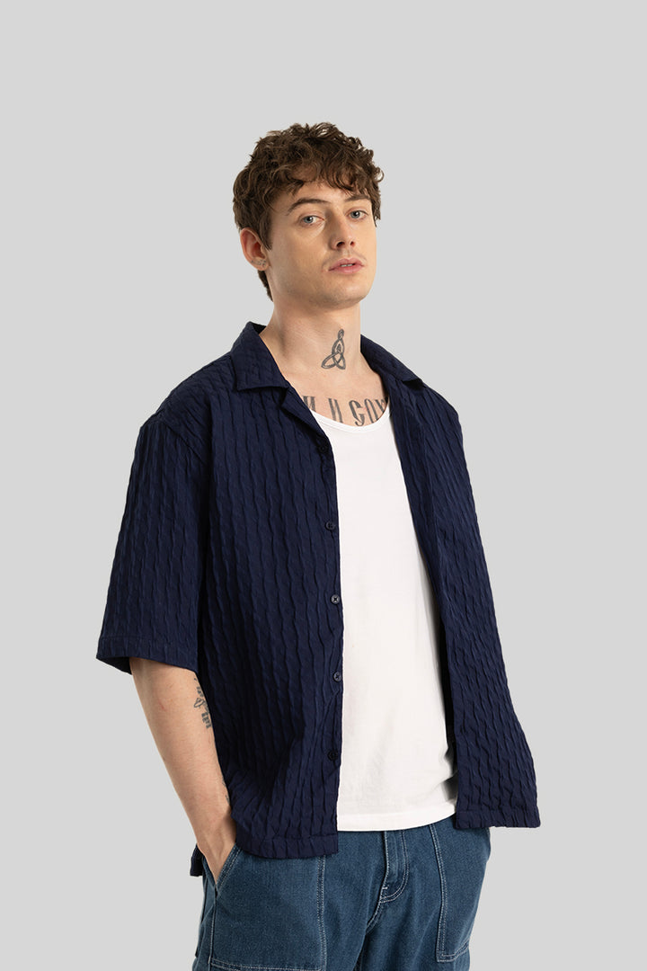 Cross Diamond Textured Dark Blue Shirt