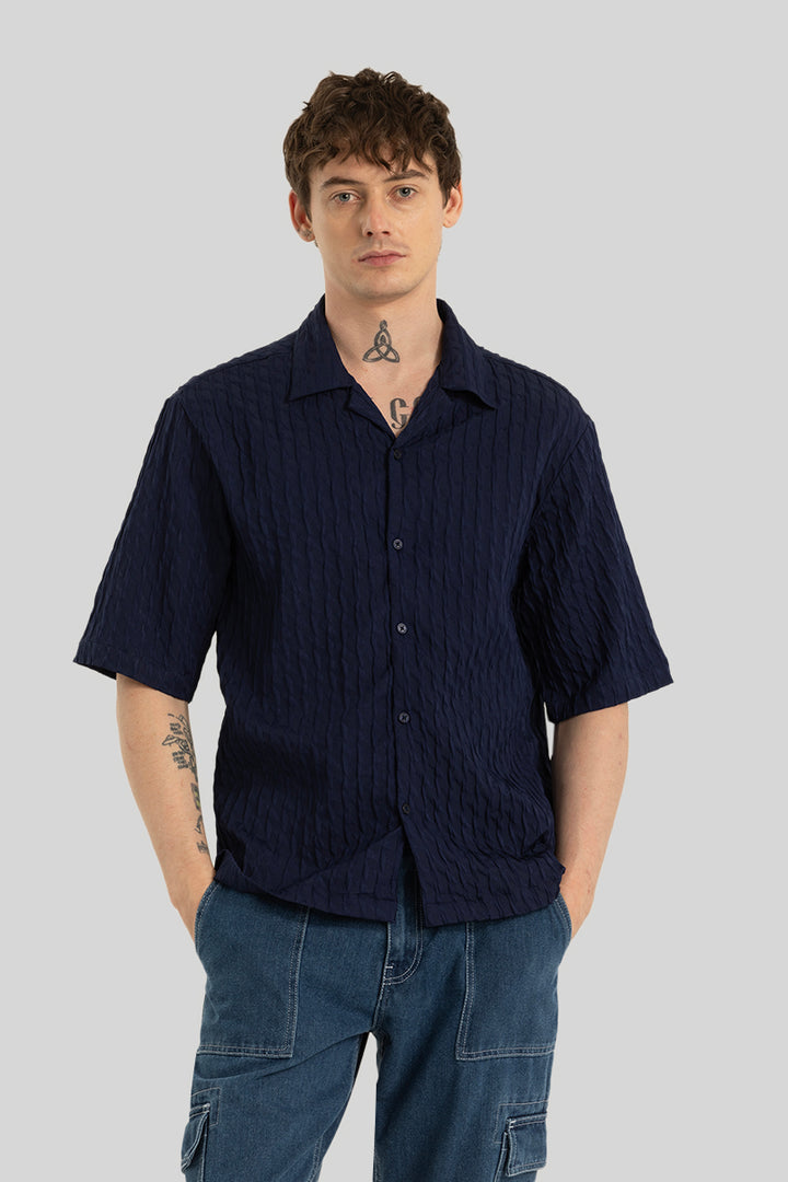 Cross Diamond Textured Dark Blue Shirt